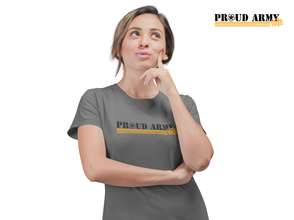 woman wearing a proud army wife t-shirt